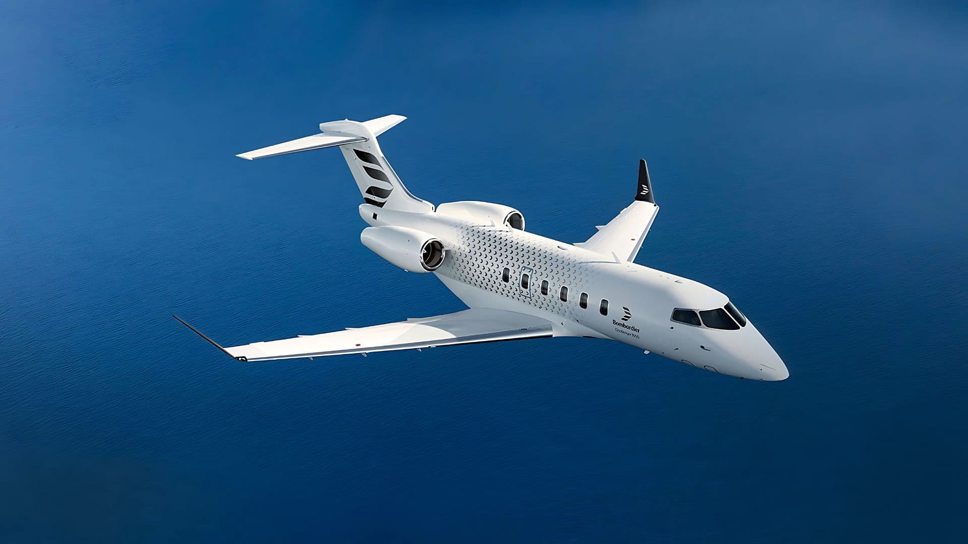 Bombardier Challenger 350 super midsize private jet in flight, luxury business aviation
