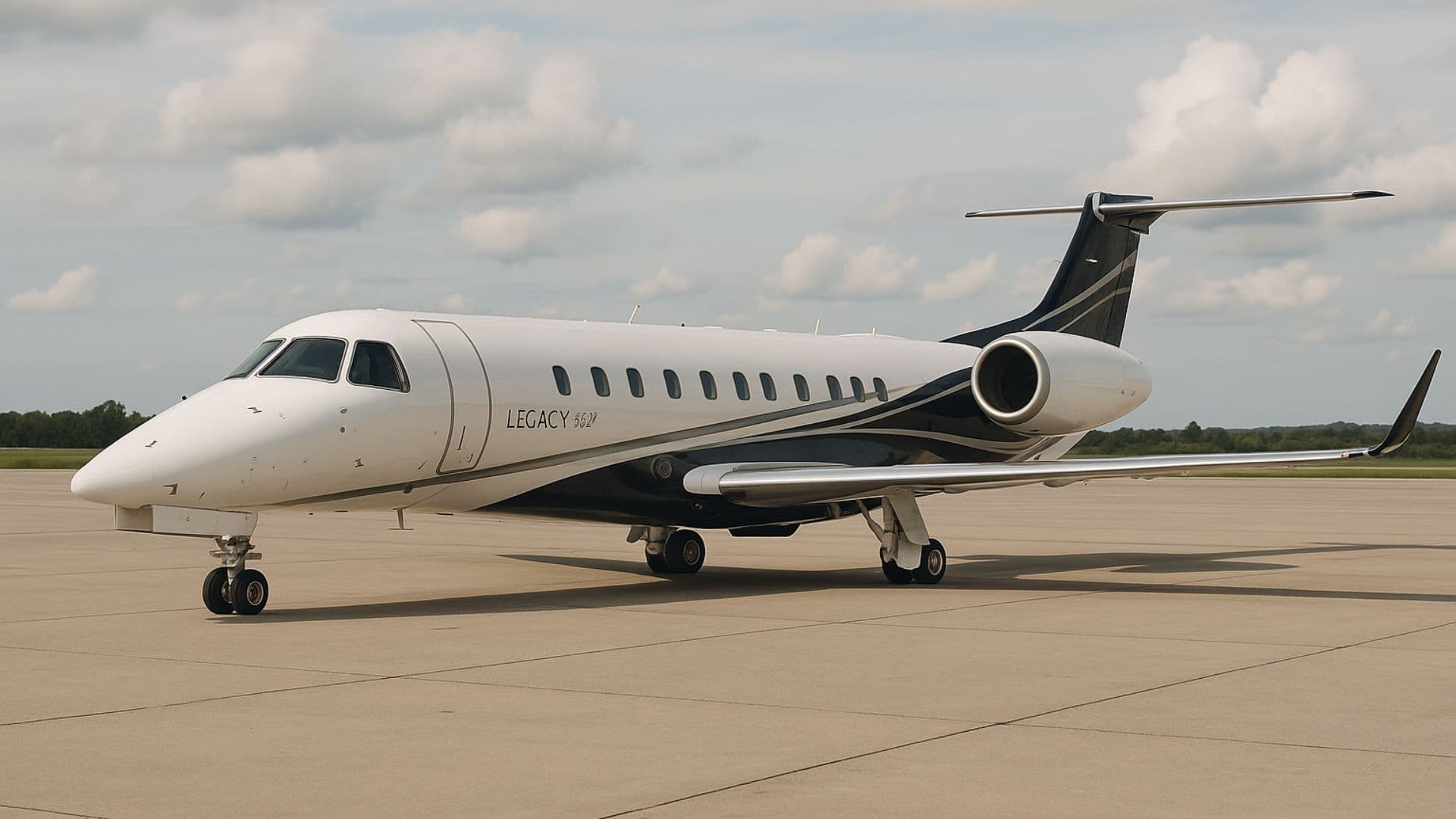 Embraer Legacy 650 long range business jet parked on tarmac under cloudy sky, luxury aviation