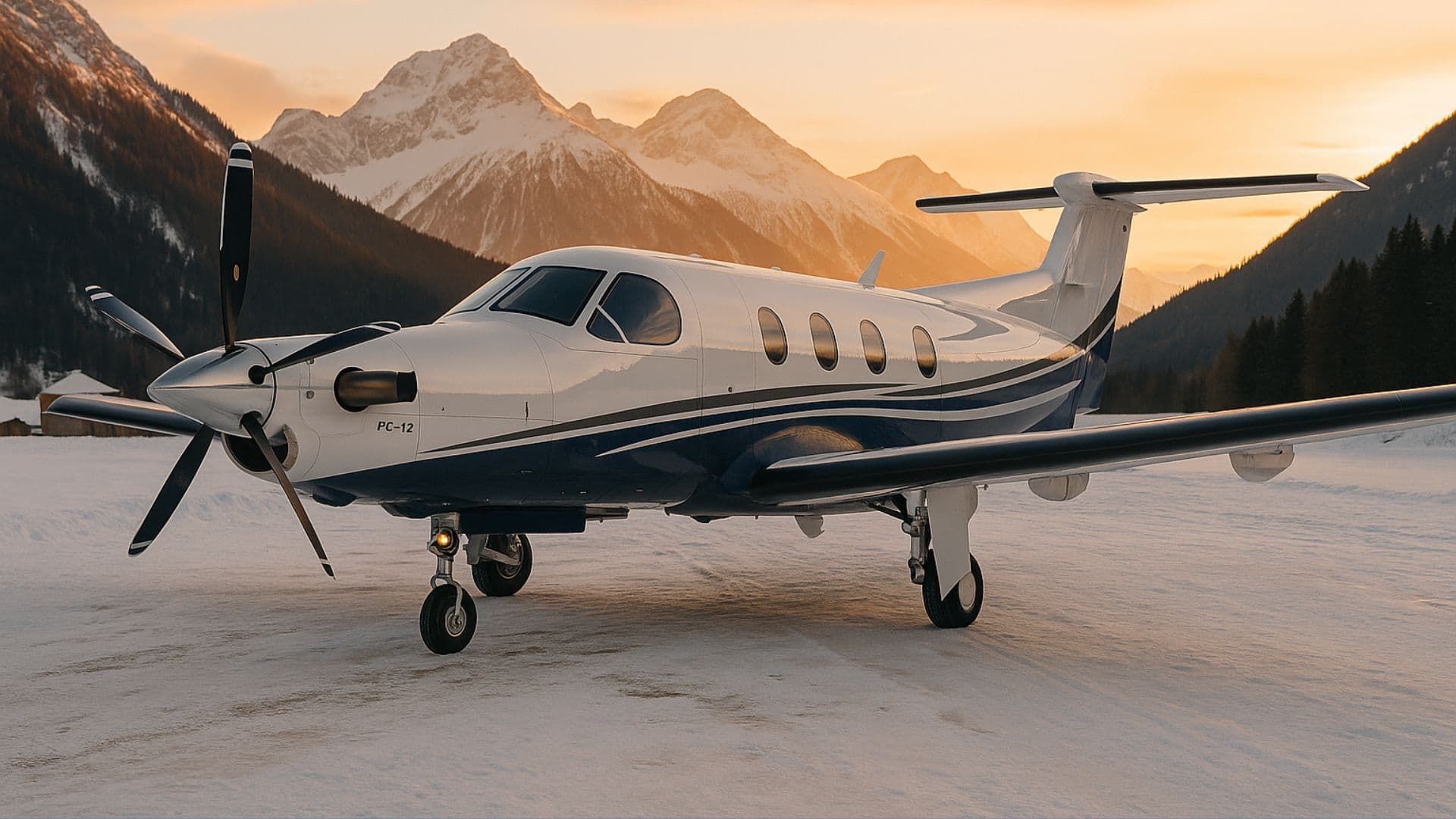 Pilatus PC-12 NGX private turboprop aircraft parked in snowy Alps at sunset, luxury aviation scene