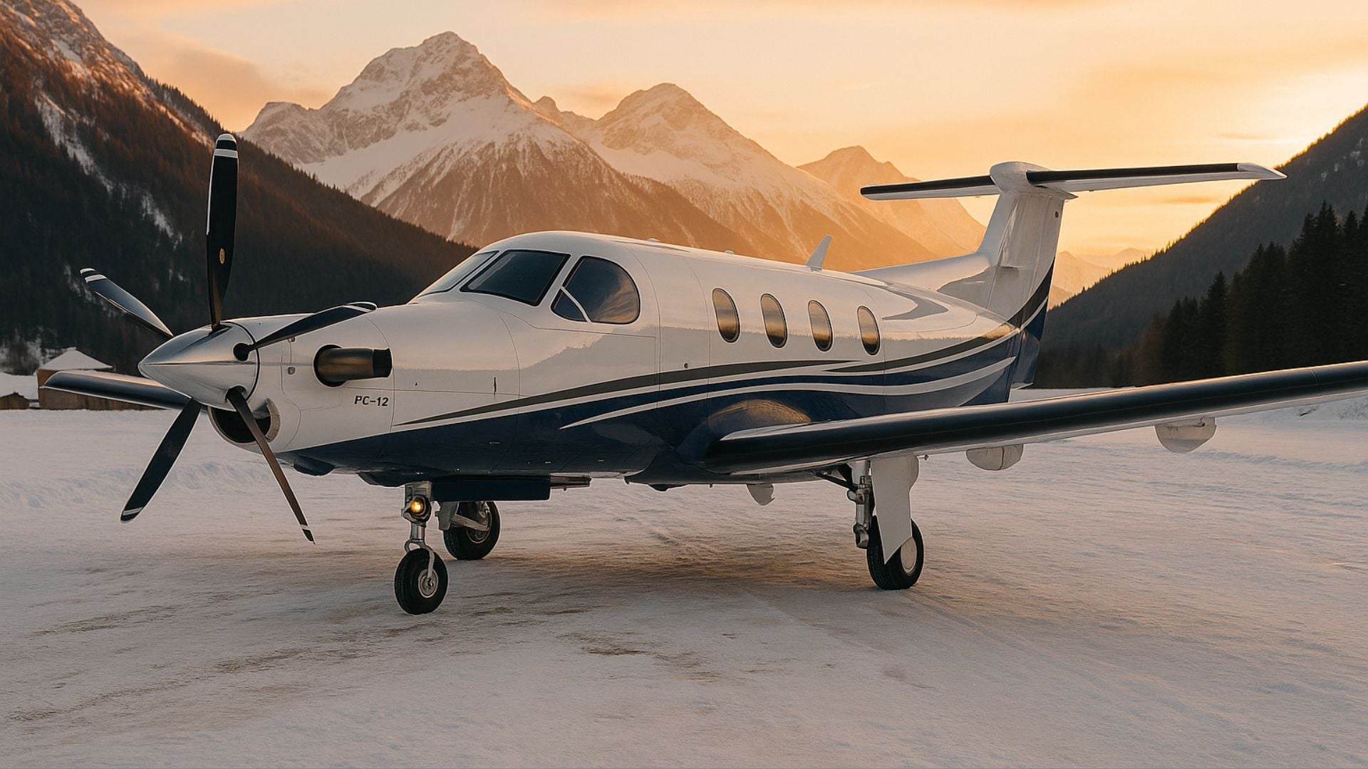 Pilatus PC-12 NGX private turboprop aircraft parked in snowy Alps at sunset, luxury aviation scene